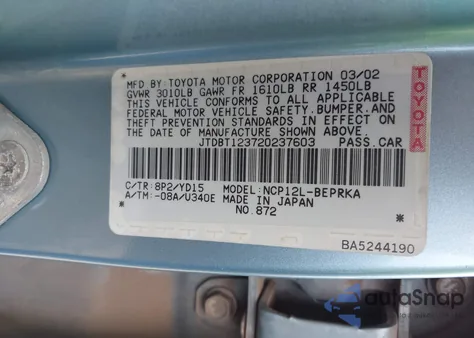 2002 Toyota Echo из США, поврежденный, VIN JTDBT123720237603